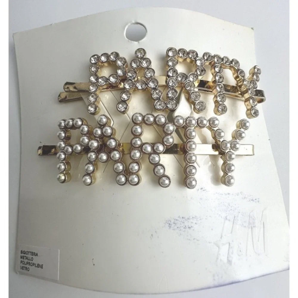 H&M‎ PARTY Hair Clip Set Gold Tone Rhinestone Pearl Bobby Pins 2pc New Chic J-01